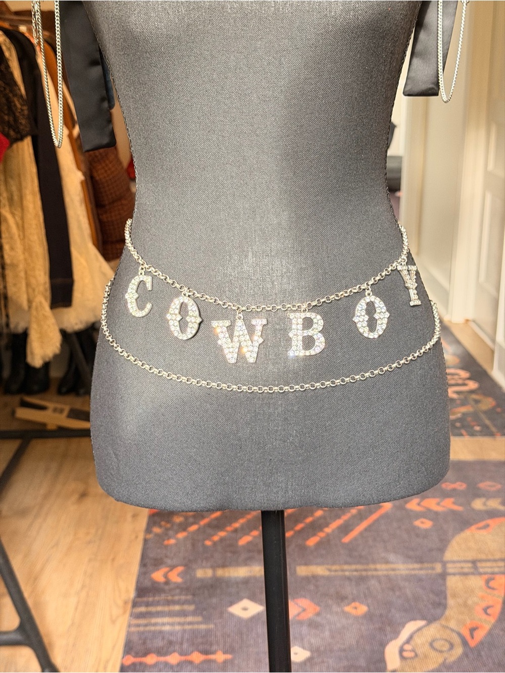 Understated Leather Cowboy Rhinestone Chain Belt — Silver